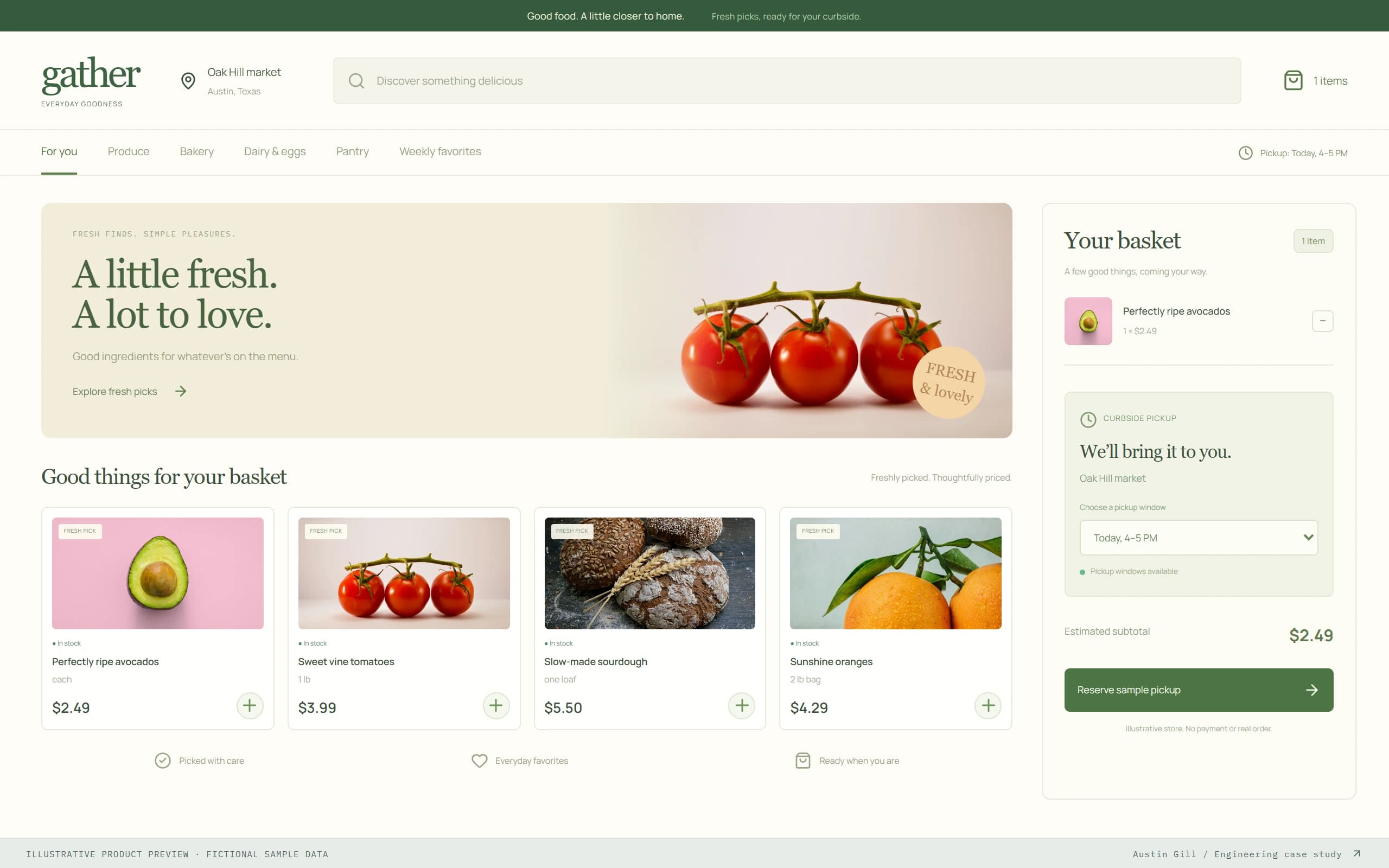 Illustrative Digital Grocery & Curbside Commerce interface with fictional example data